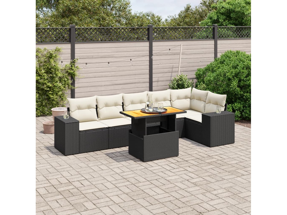 Vidaxl 7 Pcs Conjunto De Sofás P/ Jardim C/ Almofadões Vime Pe Preto