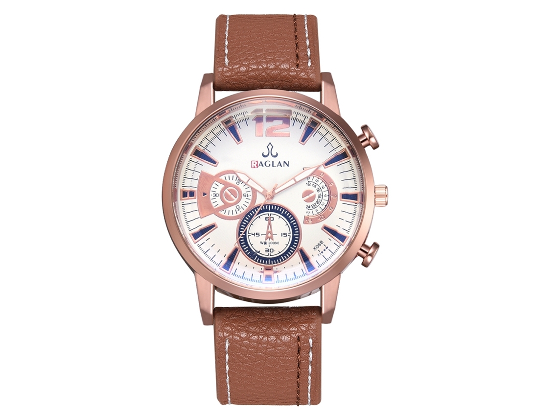Relógio masculino de quartzo com caixa em ouro rosa e pulseira marrom em PU.