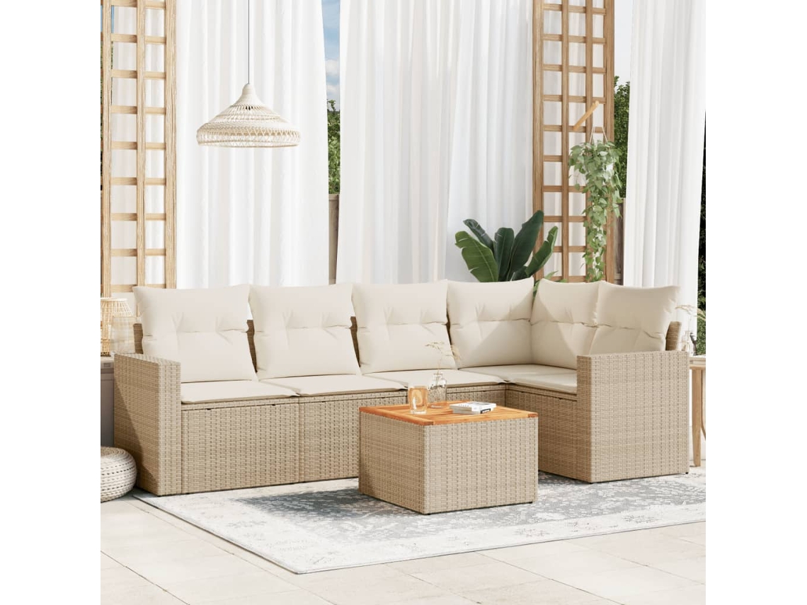 Vidaxl 6 Pcs Conjunto De Sofás P/ Jardim Com Almofadões Vime Pe Bege