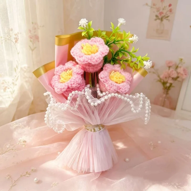 Mini Buquê De Crochê Feito À Mão De 15 Cm Com Flores Artificiais - Presente Romântico