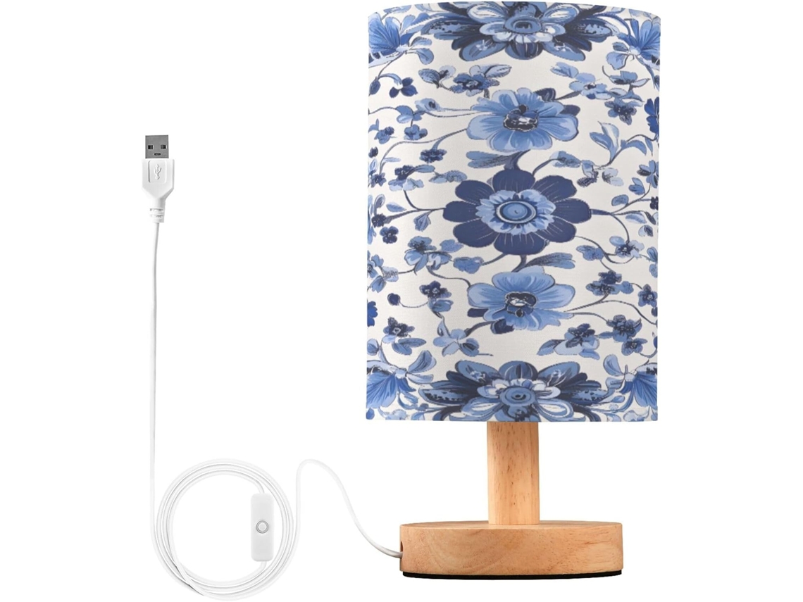 Abajur De Cabeceira Led Em Porcelana Azul E Branca Para Quarto, Com Cúpula De Tecido, Base De Madeira E Porta Usb, Ideal