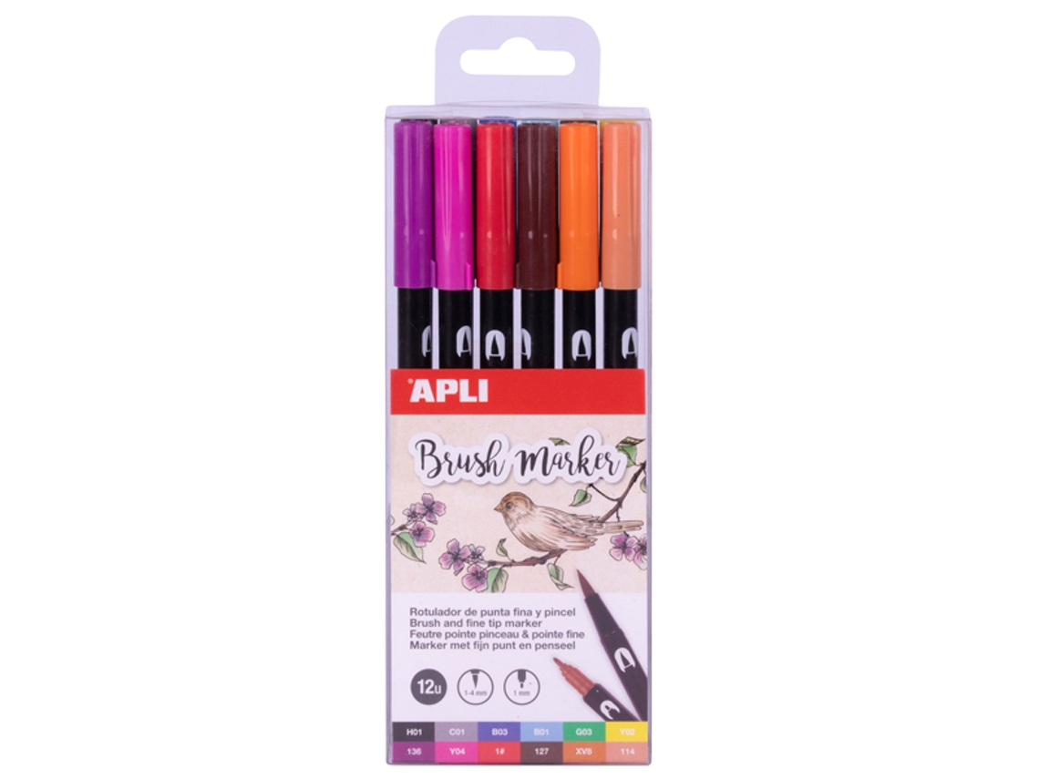 Marcadores Brush Pen com Dupla Ponta Conjunto de 6 Cores Apli