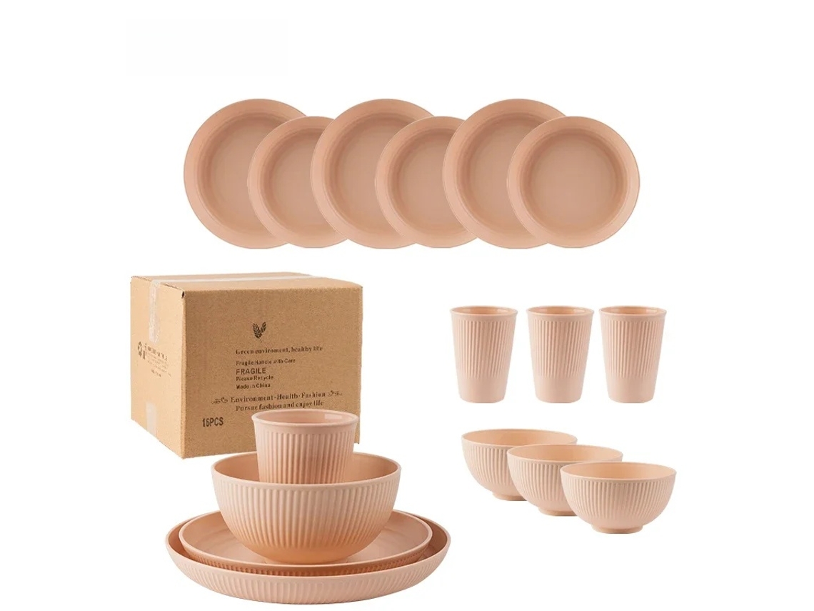 Conjunto de Talheres Portáteis Estilo Campestre com 16 Peças, Incluindo Faca, Garfo e Colher, Feitos de Plástico Ecológico. MDUG (rosa)