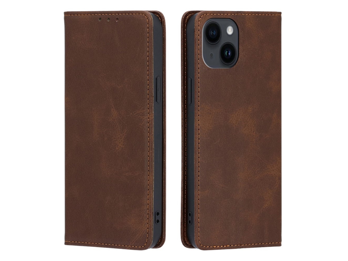 Capa Textura Gémeo Para Iphone 15 Plus Pele Sintética Anti-choque Castanho