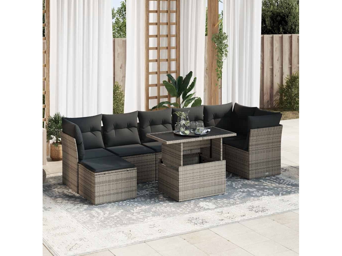Vidaxl 8 Pcs Conjunto Sofás De Jardim C/ Almofadões Vime Pe Cinzento