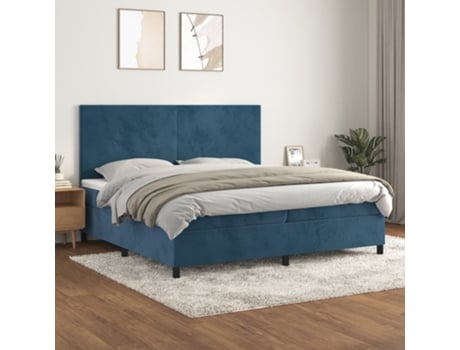 Cama com Molas/Colchão 200X200 Cm Veludo Azul-Escuro