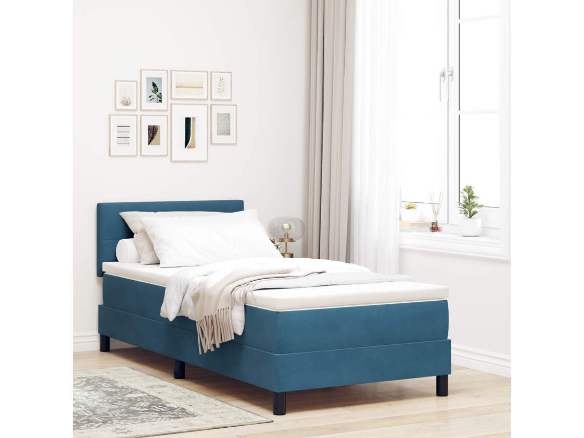 Cama Box Spring Com Colchão Azul Escuro 100x200 Cm Veludo