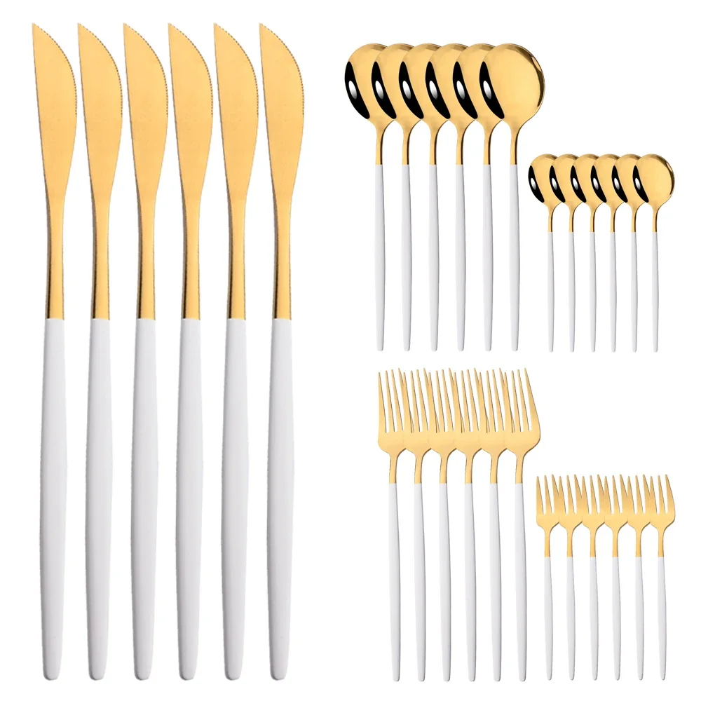 Talheres de Aço Inoxidável, Incluindo Faca, Garfo para Frutas, Colher, Etc. MDUG (ouro Branco, Conjunto de 30 Peças)