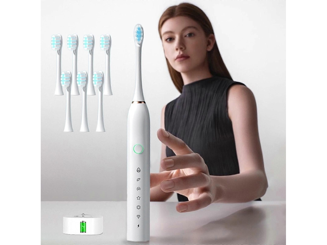 Escova De Dentes Elétrica Com 8 Cabeças De Escova, Temporizador Inteligente De 6 Velocidades, Classificação Ipx7 E Base De Carregamento.