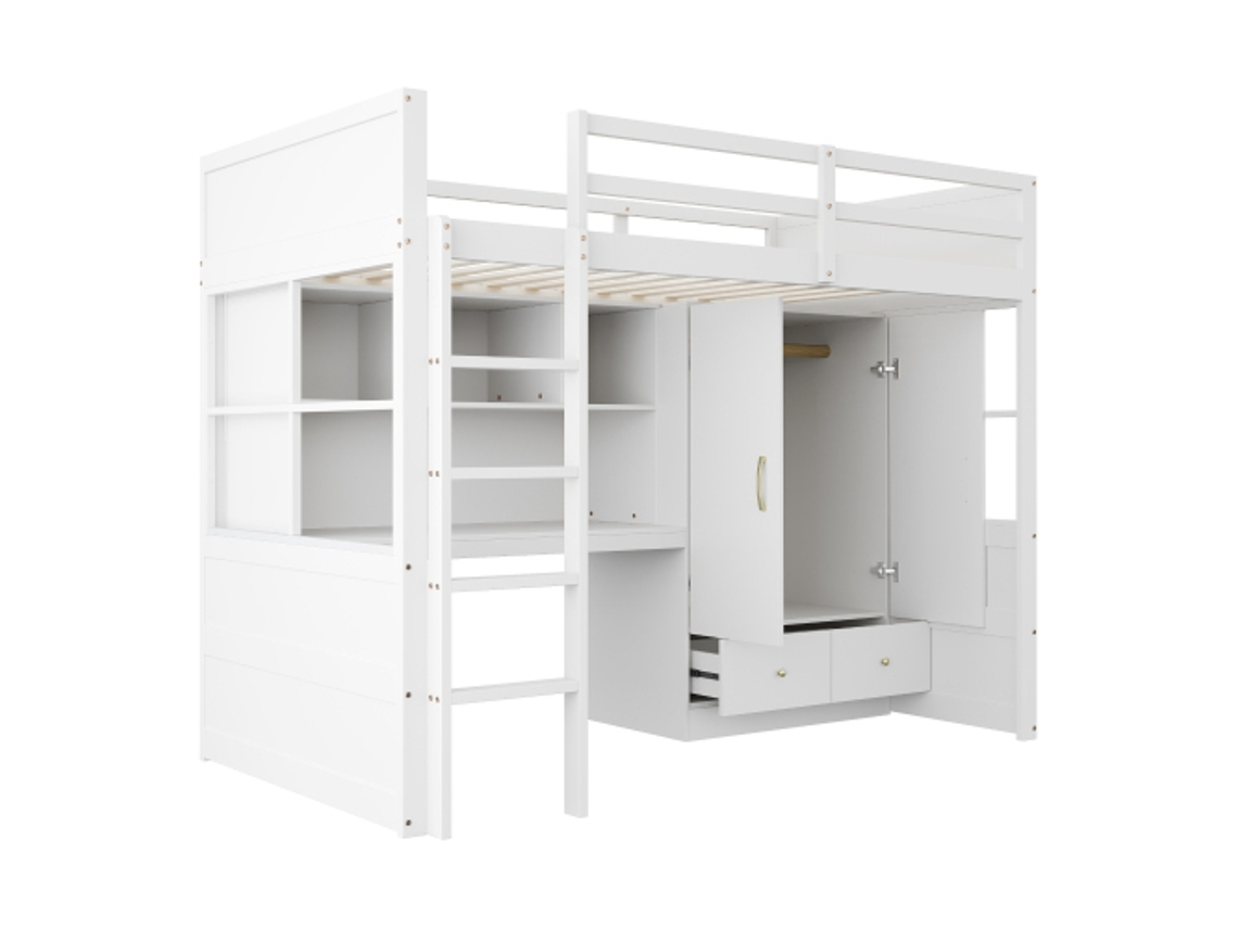 Cama DELCOND Alta 90x200cm com Estrutura de Ferro, Escrivaninha, Varal, Prateleiras, USB, LED