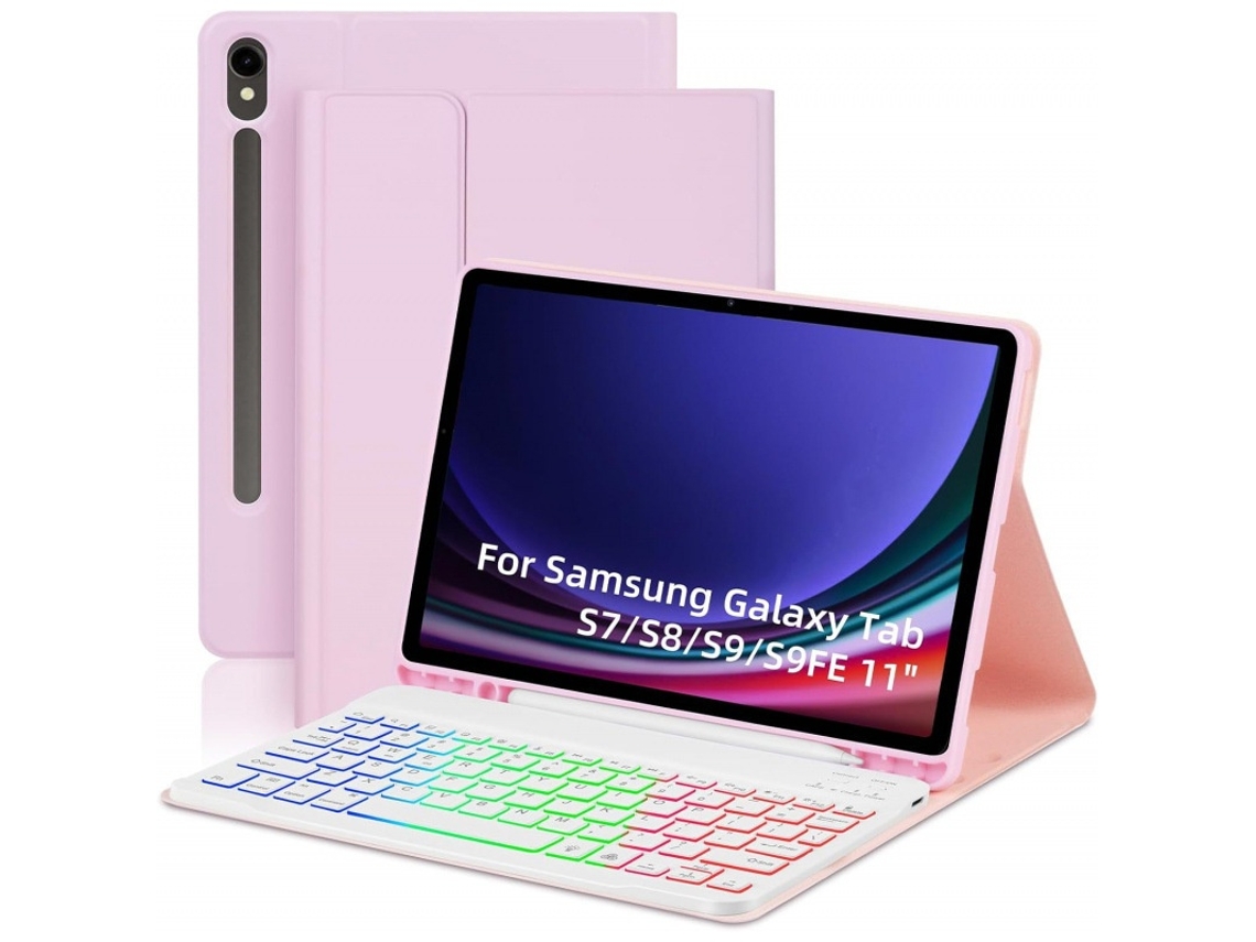 Lurelia Capa Com Teclado Bluetooth Para Samsung Tab S7 11 Pol. Retroiluminação Colorida, Layout Pt, Rosa E Branco