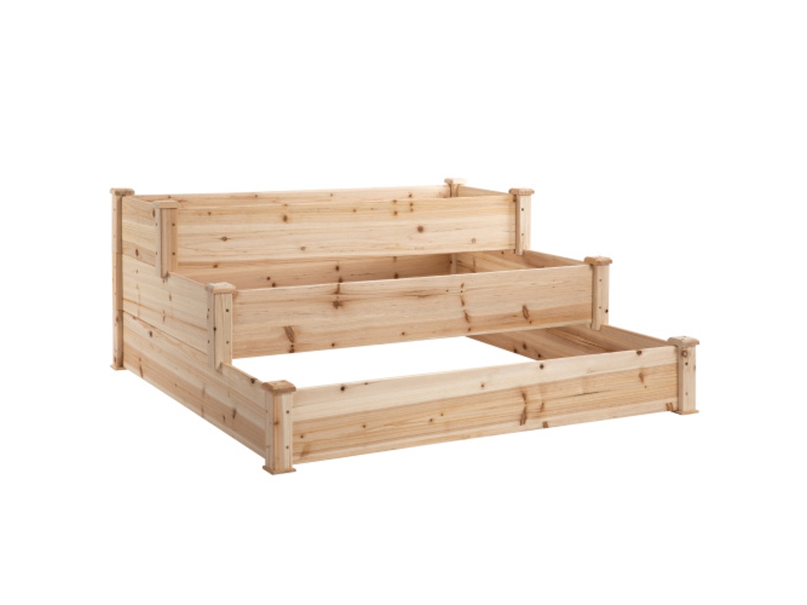 Um Suporte Para Flores De Três Níveis, Adequado Para Varandas E Jardins, Feito De Madeira De Cedro Natural.