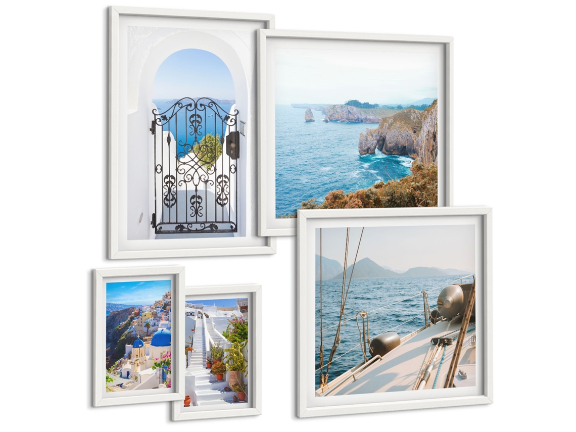 Quadros Decorativos Para Parede Folhas Azuis, Aquarela Moldura Branca Imagens Para Um Quarto Infantil Espelharte (conjunto De 5 Imagens)