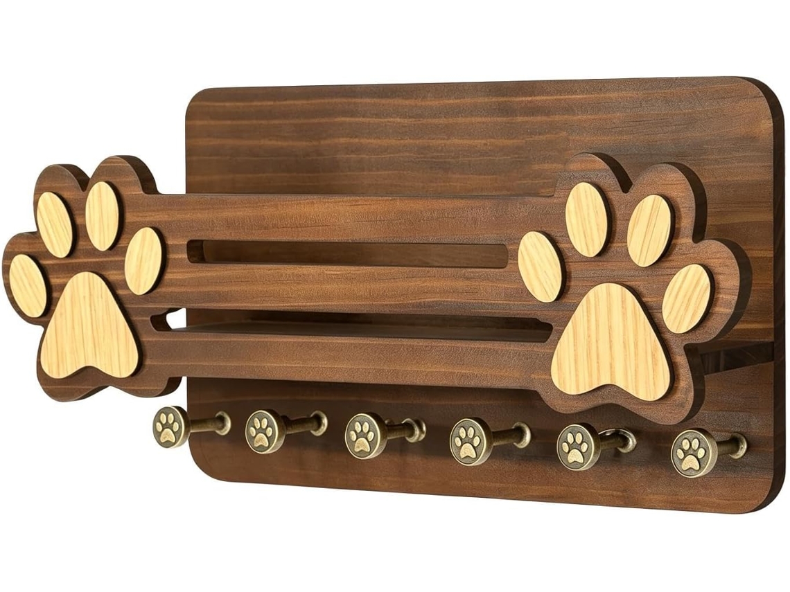 Ganchos De Parede De Madeira Para Coleiras De Cachorro (6 Peças) Com Estampa De Pata