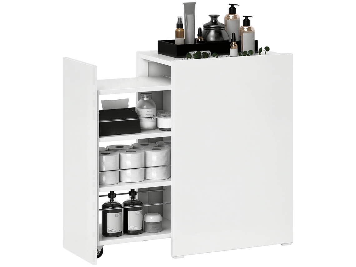 Armário De Casa De Banho Estreito Com Rodas E Gaveta Deslizante 3 Compartimentos Móvel Auxiliar 47x30x66,5cm Branco Pequeno