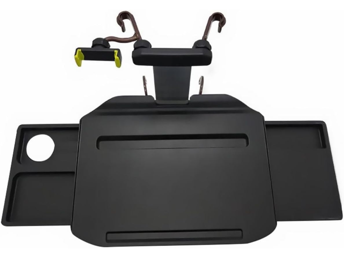 Suporte duplo para carro, laptop e tablet em ABS com faixa metálica.