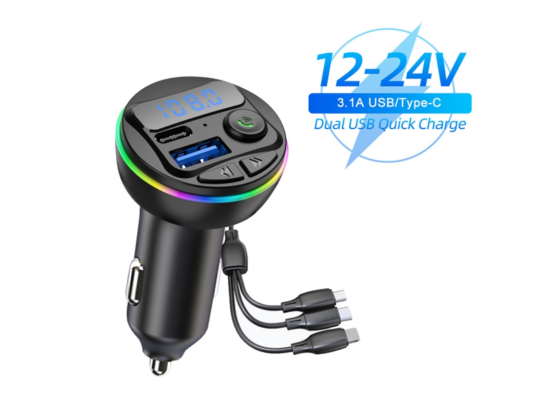 Transmissor Fm YIZHOOD G46 Bluetooth 5.0 Car Kit Mp3 Receptor de Áudio Mãos-Livres 3 em 1 Cabo de Carga para Iphone Huawei Preto