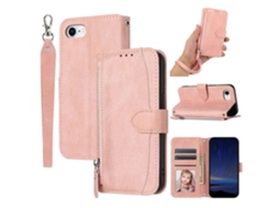 Capa De Couro Com Bolso Com Zíper E Alça Transversal Para Iphone 16e - Rosa