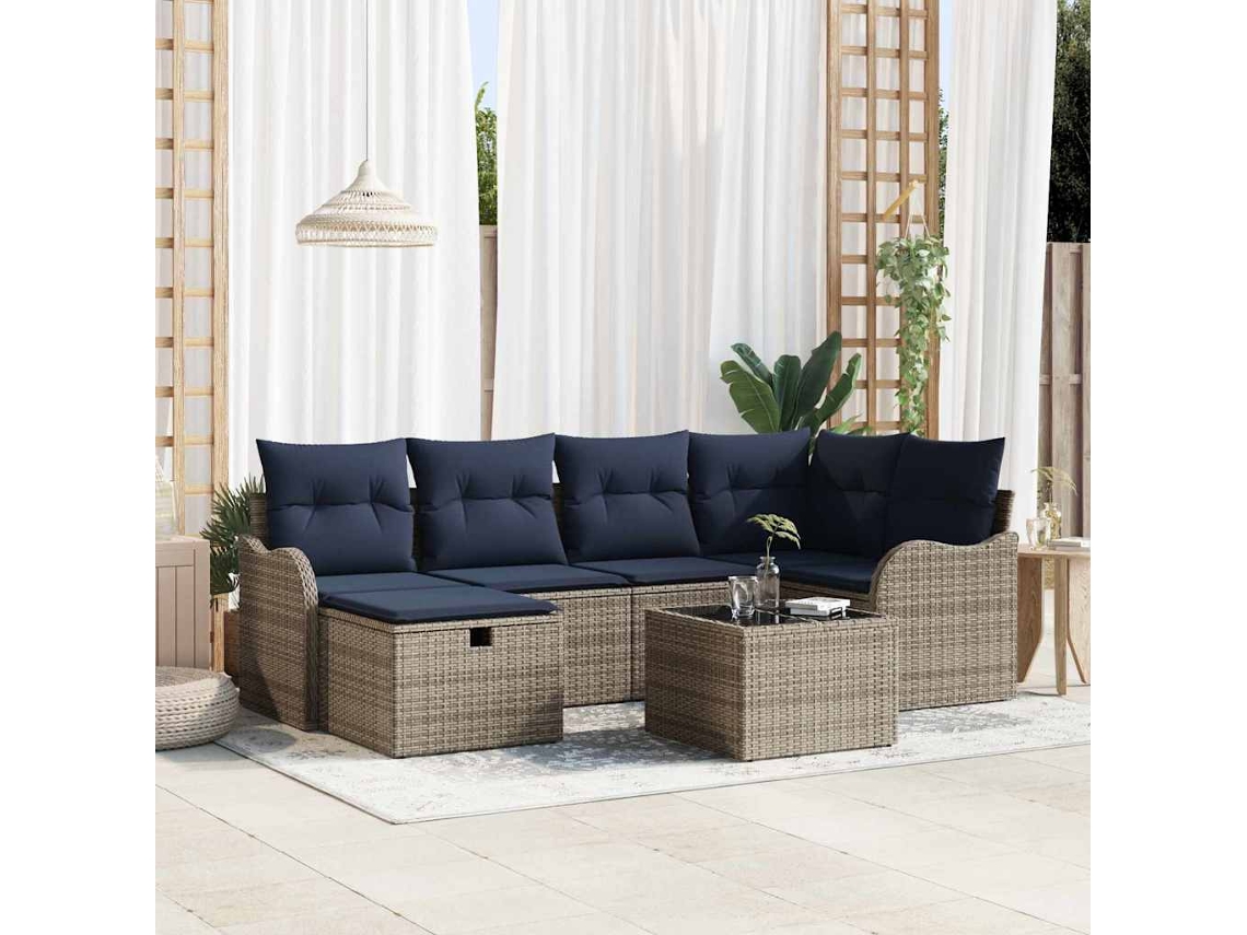 Vidaxl Conjunto De Sofá De Jardim 7 Unid. Cinza E Azul Marinho Vime Pe