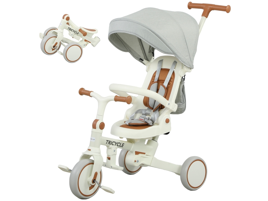Triciclo Infantil Conversível,carrinho 5 Em 1,guidão Ajustável,cinto De Segurança,sacola,1-3 Anos,branco Creme