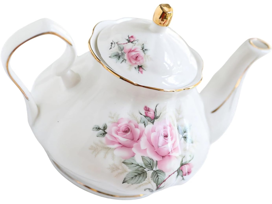 Bule De Cerâmica Com Cabo Ergonômico, Estampa Floral E Detalhes Em Dourado De Porcelana - Ideal Para Presente.