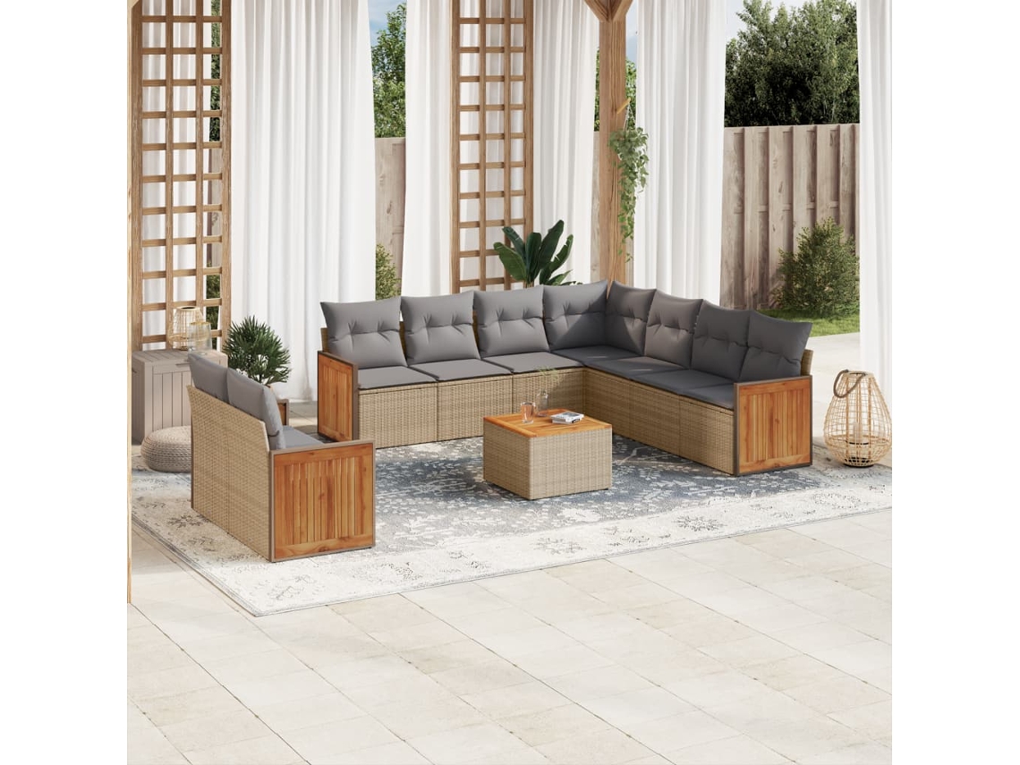 Vidaxl 10 Pcs Conjunto De Sofás P/ Jardim Com Almofadões Vime Pe Bege