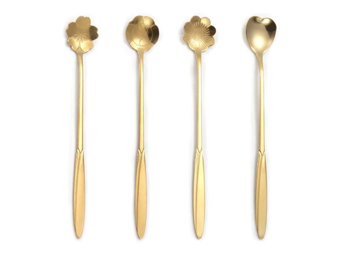 4 Peças De Colheres Com Flor Padrão Em Latão Com Revestimento De Aço Inox 17.5x2.5 Cm