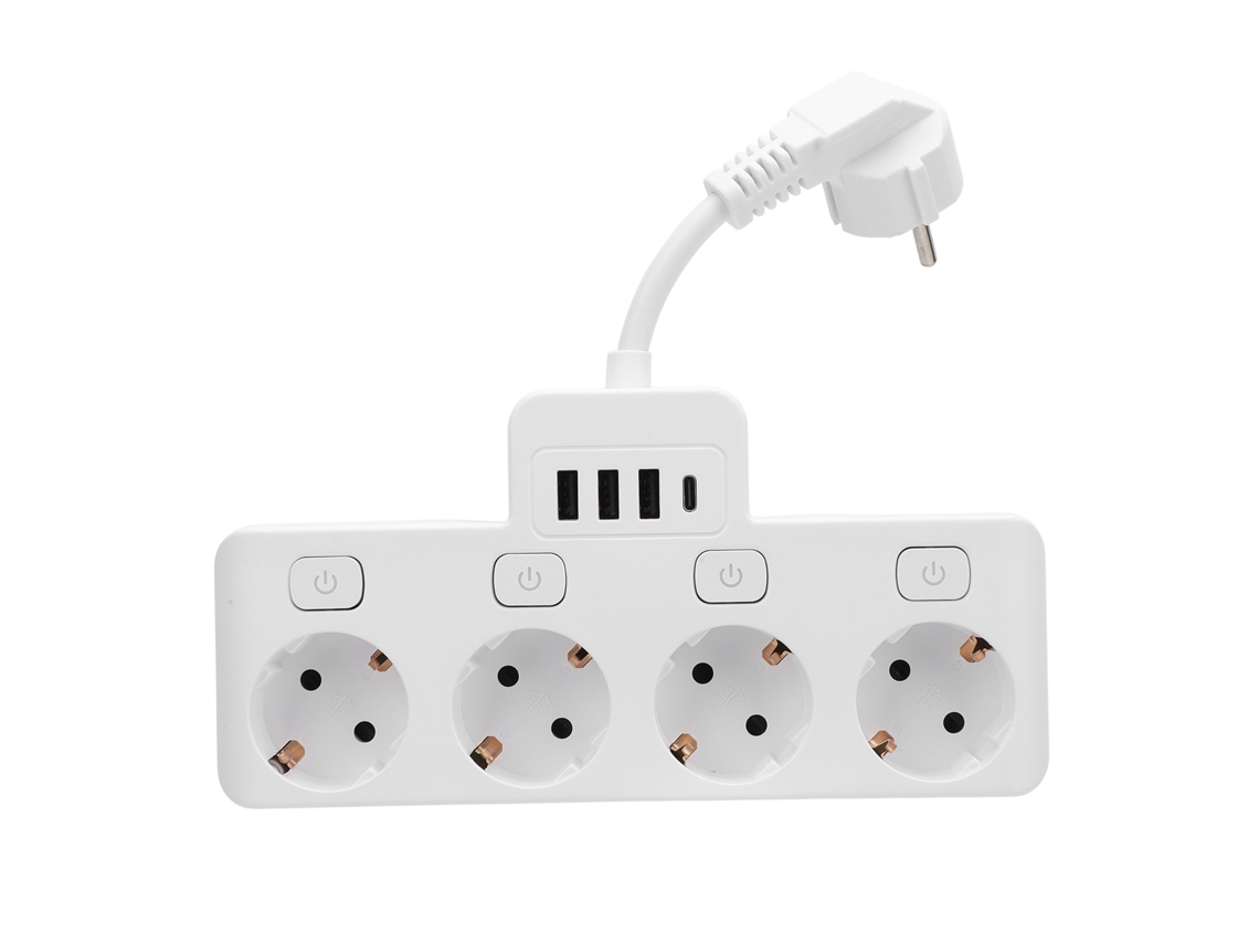Uma fonte de alimentação com 4 interruptores independentes e múltiplas interfaces que suportam USB e Tipo-C.