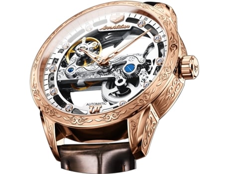 Relógio Mecânico Oco Masculino Facpoet Relógio De Couro Luminoso À Prova Dágua (marrom Branco)