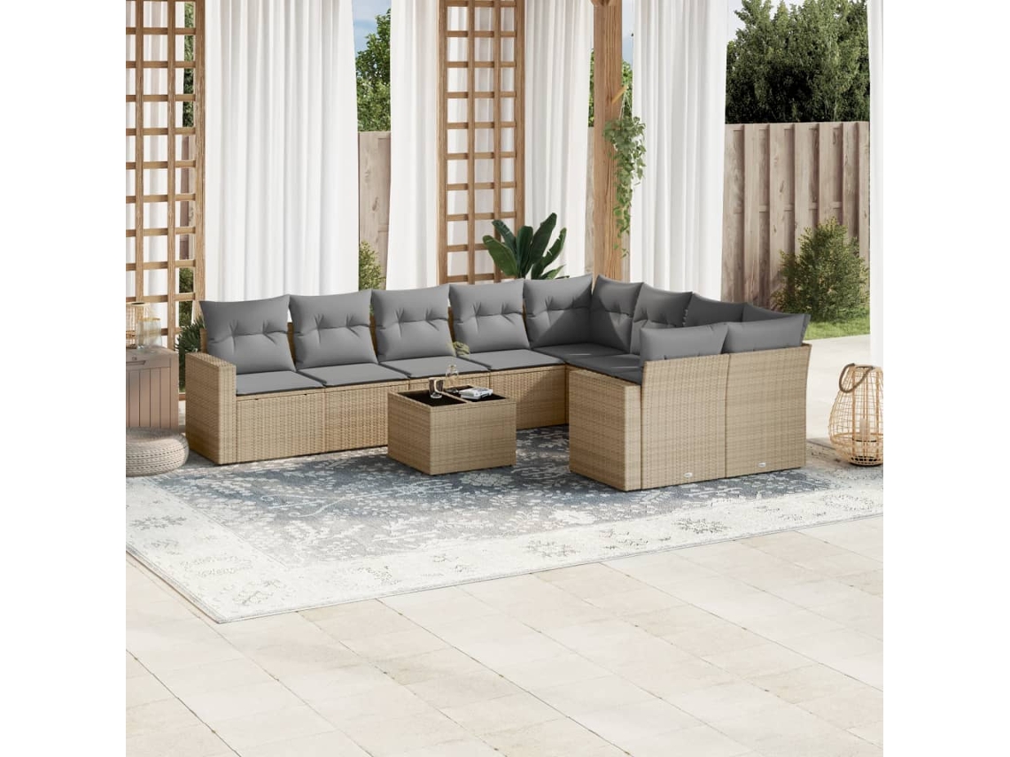 Vidaxl 10 Pcs Conjunto De Sofás P/ Jardim Com Almofadões Vime Pe Bege
