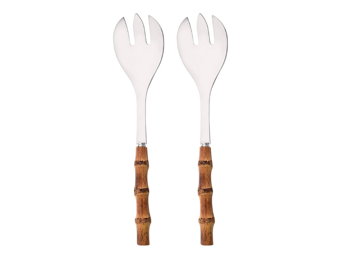 Conjunto de Talheres para Duas Pessoas , Feito de Aço Inoxidável 304, Madeira e Bambu. MDUG (2 Garfos Prateados)