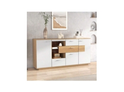 Aparador Moderno Branco 160x40x77cm Com Led, 2 Portas, 4 Gavetas, Prateleiras De Vidro, Ideal Para Sala Moderna Hvorstur