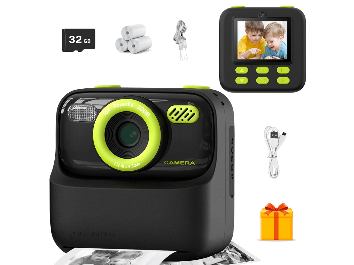 Câmera Digital Instantânea Infantil, Tela Grande de 2,4 Polegadas, Lentes Duplas Frontal e Traseira de 1080p, Memória de 32 Gb CZHHMART (verde)