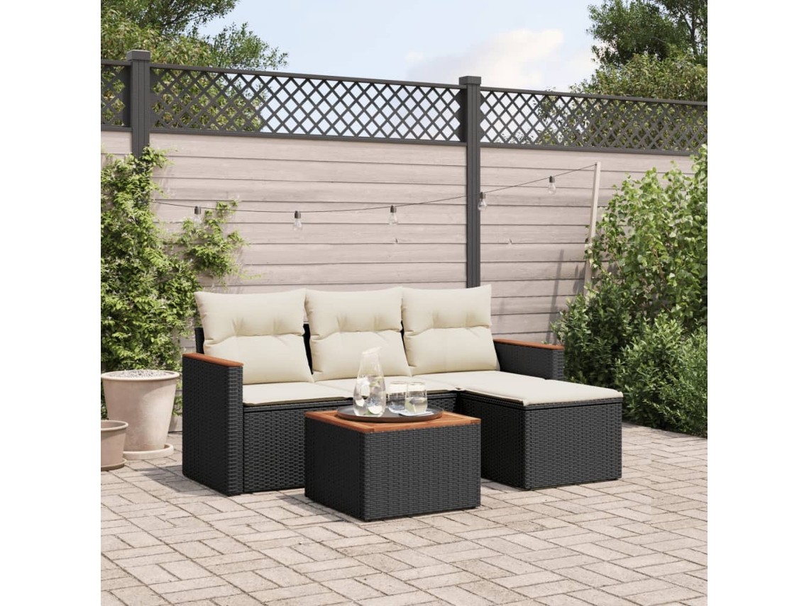 Vidaxl 5 Pcs Conjunto Sofás De Jardim Com Almofadões Vime Pe Preto