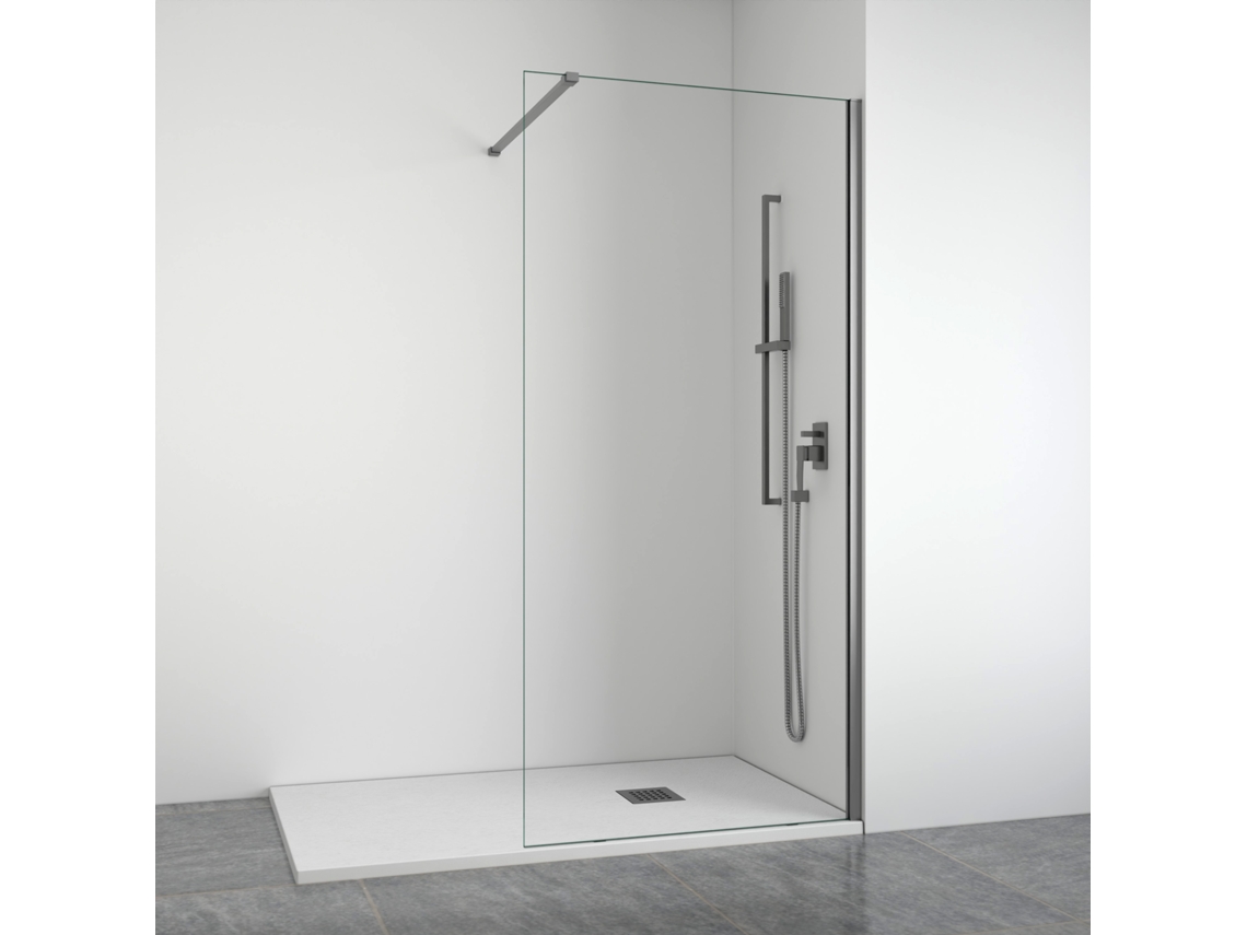 Divisória De Duche Frontal Com Painel Fixo Transparente Perfis Gunmetal Largura Adaptável 108 110 Cm Alto 195 Cm Bellobath