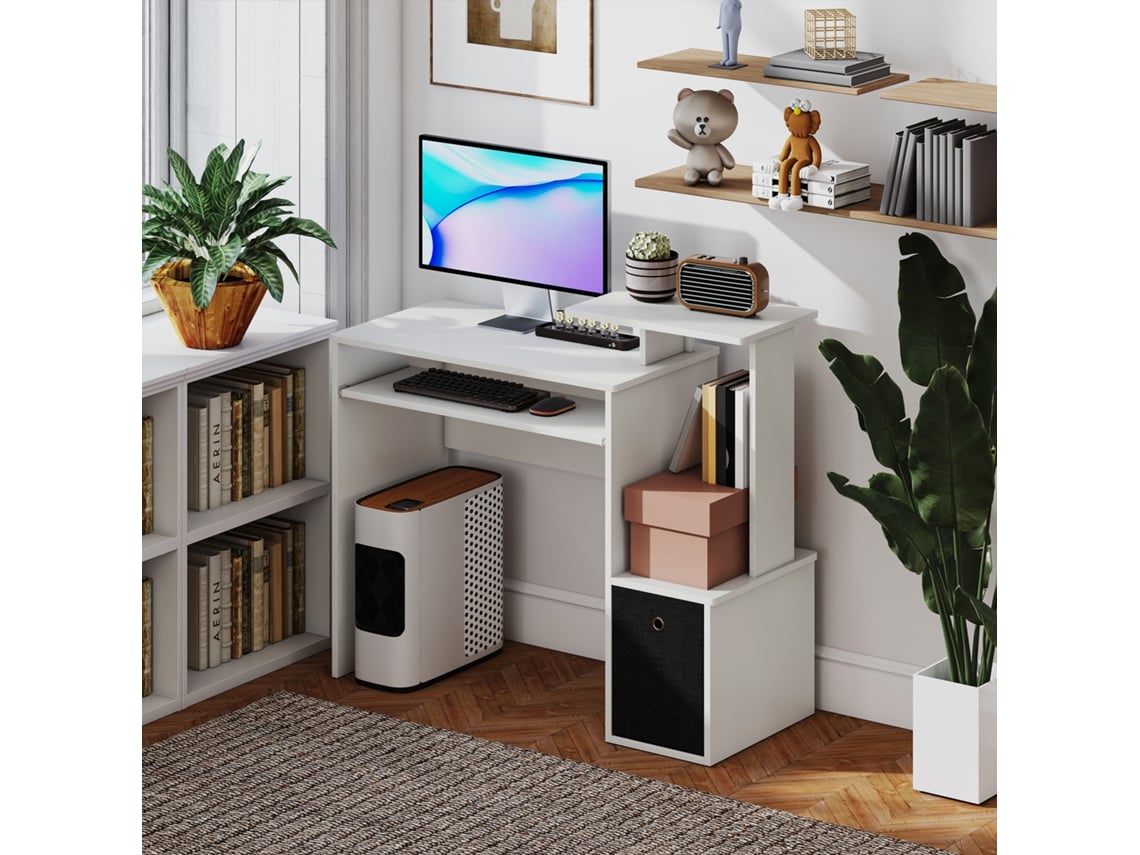 Mesa Multimídia Com Prateleiras E Cesta Para Teclado Preto Branco