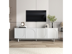 Móvel de TV Mural Preto e Madeira 180x37x36 cm, Frente Brilhante, Led, Porta Basculante, 2 Portas, para Tvs até 75 polegadas KOMHTOM