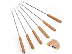 Conjunto 6 Garfos De Fondue Inoxidáveis Cabo De Madeira, Resistente Ao Calor, Para Chocolate, Queijo, Marshmallows. Igvtrade (24cm)