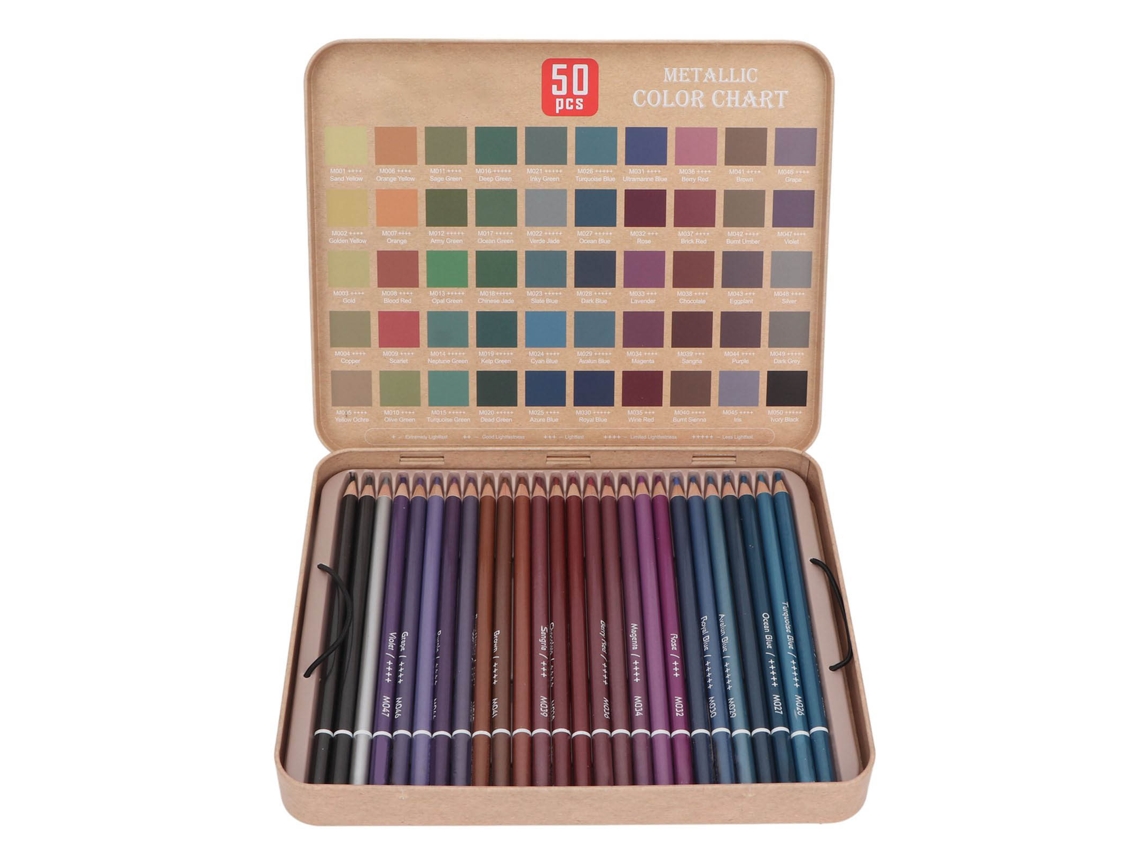 Conjunto de 50 Lápis de Cor Metálicos para Artistas Adultos, Fáceis de Segurar, Ecológicos, Ideais para Esboços AQUAFORGE