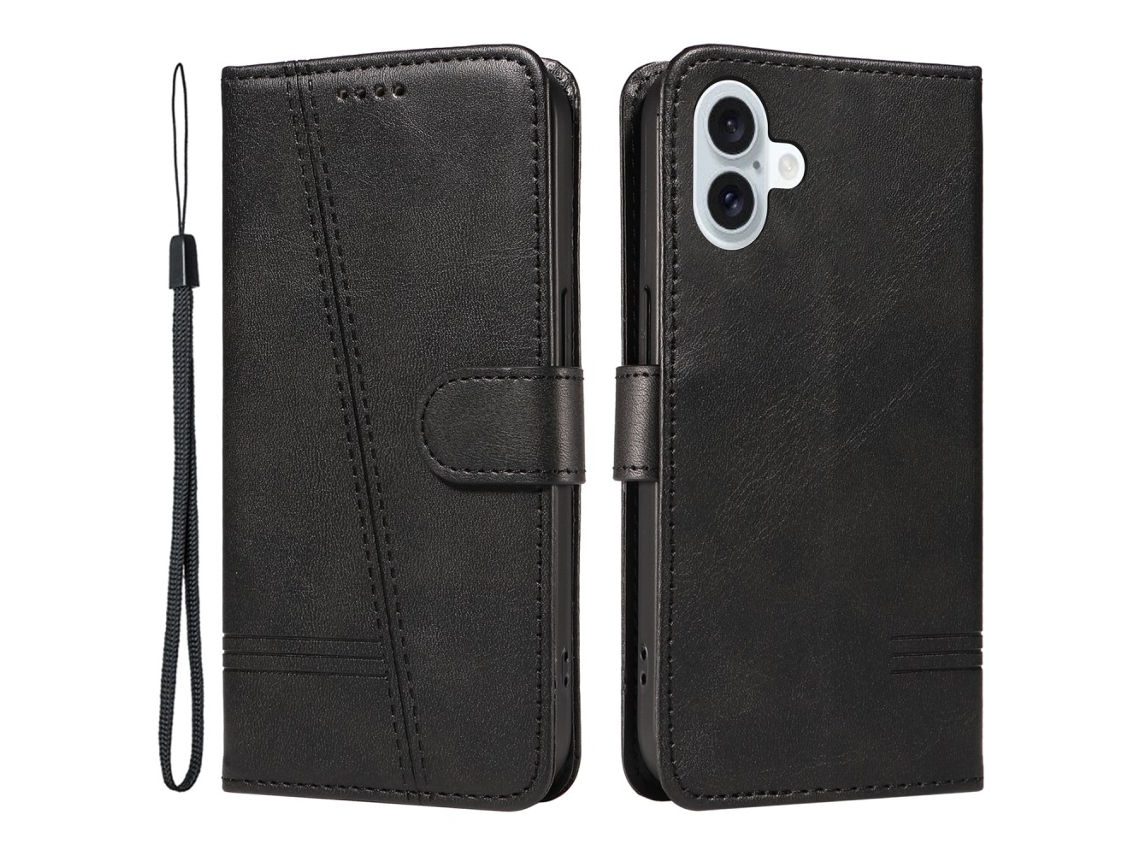Capa Em Couro Pu Para Apple Iphone 16 Plus, Preto