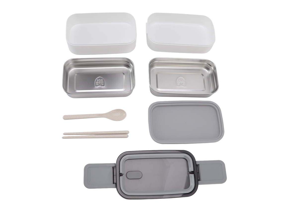 Caixa de Bento de Aço Inoxidável 304 com Duas Camadas, Chopsticks e Colher