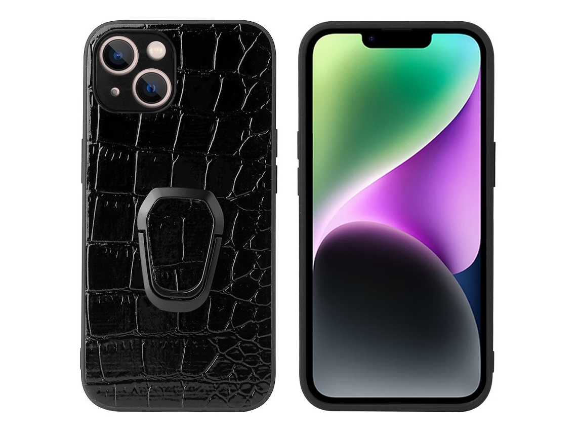 Suporte Casa Textura Crocodilo Para Iphone 14 Plus Pele Sintética Bege