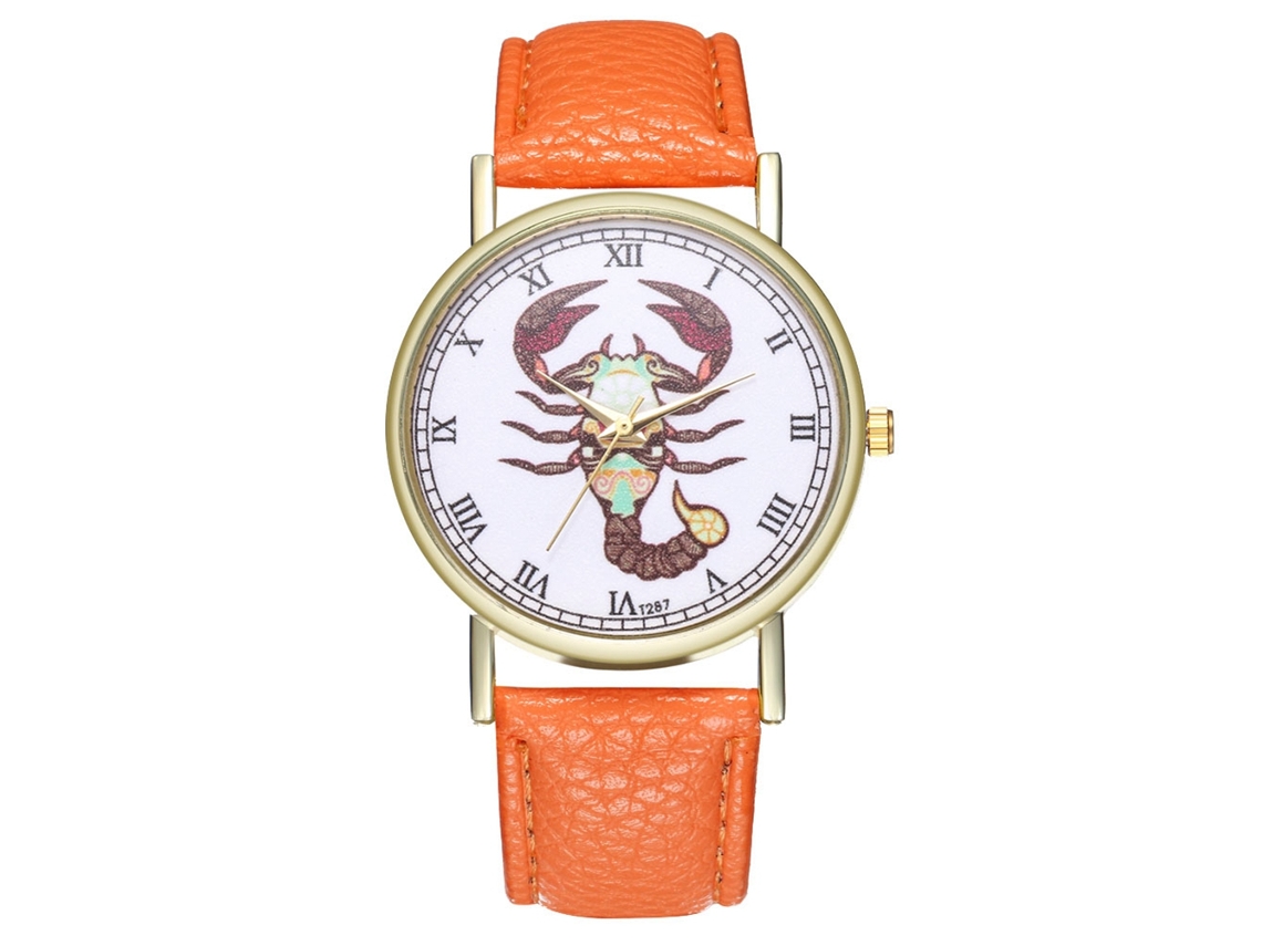 Relógio de quartzo com pulseira de couro, estampa de Escorpião e 12 constelações, laranja.