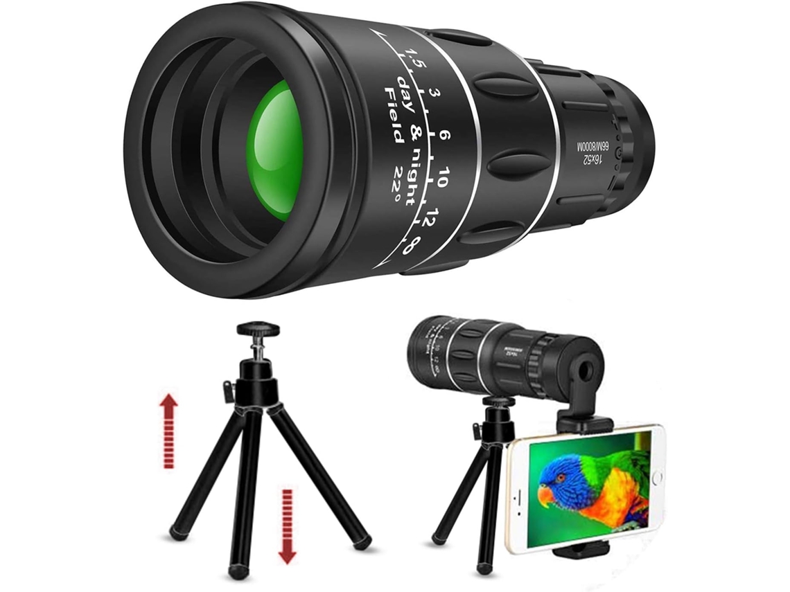 Telescópio Monocular 16x52 Hd com Suporte e Tripé para Smartphone, Lente de Prisma Bak4 Transparente com Foco Duplo para Caminhadas, Caça BRILVIBERA