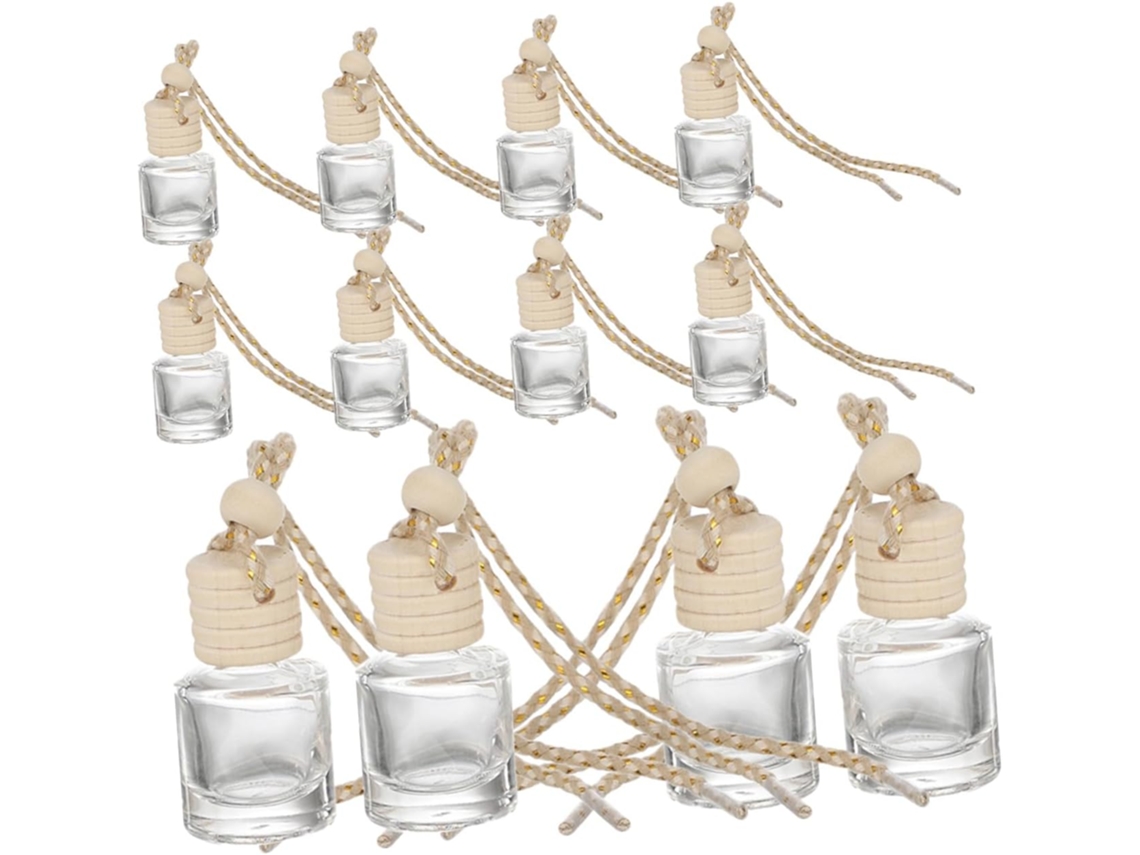 Conjunto De 12 Frascos Perfumados De Vidro Transparente Com Tampa De Madeira E Cordão Para Pendurar. Frascos Compactos.
