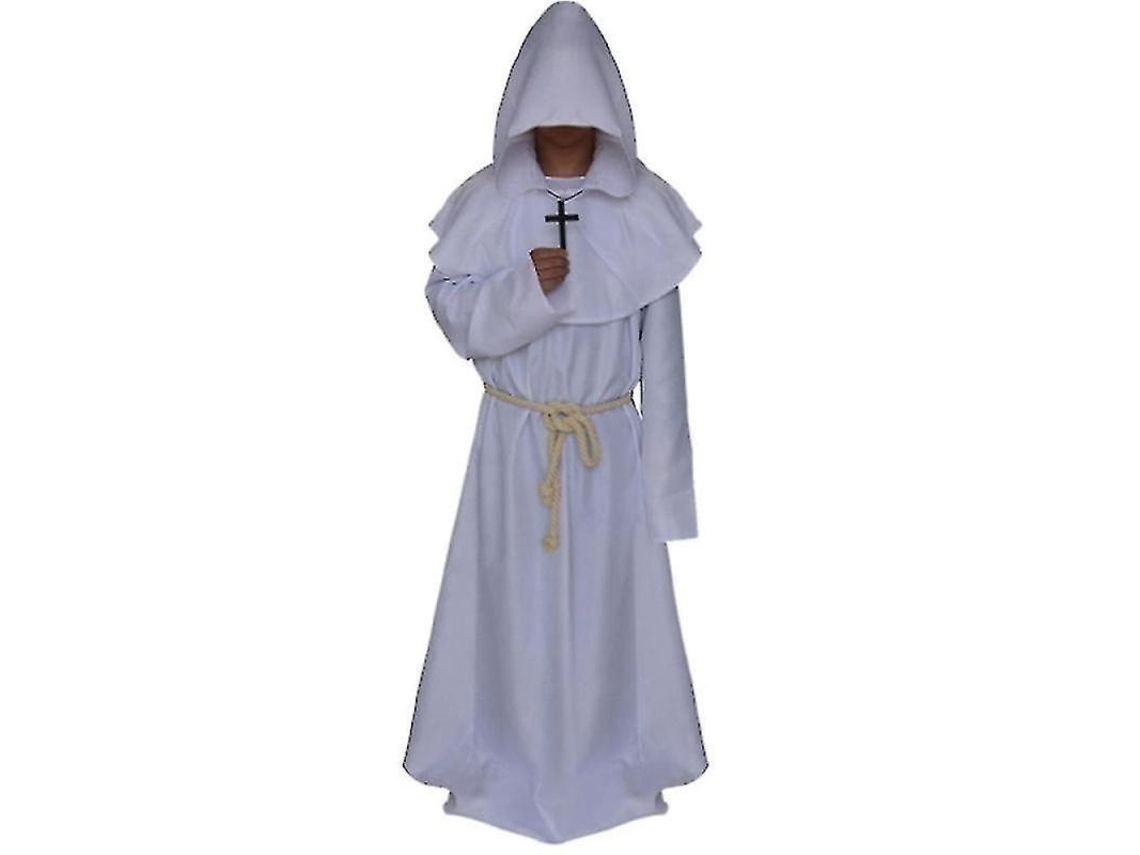 2026 túnica Capucha Monje Medieval Hombre Traje Cosplay Carnaval Halloween Fiesta Disfraz M Blanco