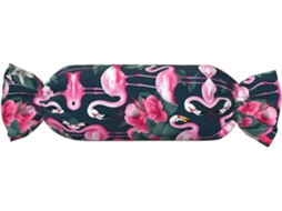 Almofada Cilíndrica Formato de Doce com Estampa Floral Rosa e Flamingos 100 % Poliéster Ideal para Viagens,