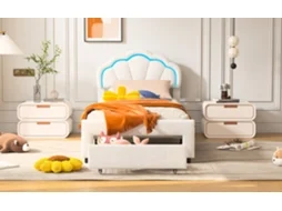 Cama Individual Infantil 90x200cm Com Cabeceira Coroa De Veludo Branco, Luz Led Integrada E Gaveta - Design Sonhador Para Quarto De Criança