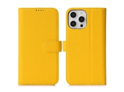 Capa Tipo Carteira Para Iphone 16 Pro Max Com Textura De Lichia E Couro Bovino Legítimo, Com Bloqueio Rfid, Amarela