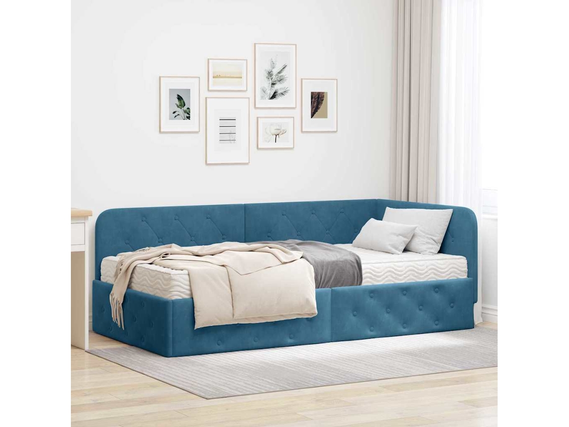 Vidaxl Estrutura De Cama De Canto Azul 90 X 200 Cm Veludo